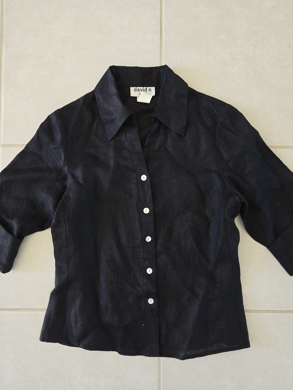 David N 100% Linen Blouse Petite PP Black Half Sleeve Button Collared Shirt Top